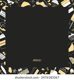 Template with various tricolor icons of cofe shop items on a black background. Vector illustration for menu, poster, postcard. Copy space.