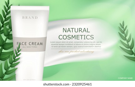 Plantilla de vectores y banner con burla hacia arriba del tubo de crema facial orgánica. Afiche verde con crema blanca realista, hojas y paquete 3d de productos cosméticos. Anuncio de cuidado de la piel natural