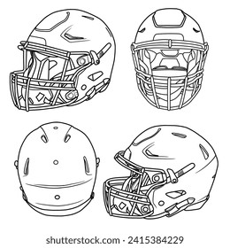 Plantilla vector casco de fútbol americano, adecuado para su diseño de cascos de fútbol personalizado, ilustración de doodle de contorno vectorial, lateral, frontal, isométrica y trasera, aislado con fondo blanco.