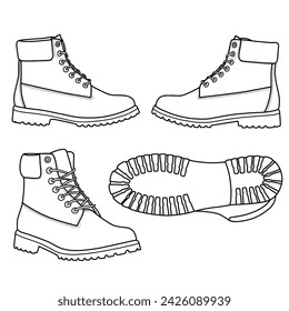 Plantilla vector botines de la colección dibujada a mano, zapatos formales. Ilustración de boceto vectorial, vista frontal, lateral e inferior. Aislado sobre un fondo blanco