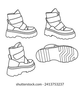 Template vector ankle snow boots,  side, back, and bottom view. Outline vector doodle illustration, isolated on a white background.