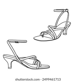 Vorlage Vektor Knöchelriemen High Heel Schuhe, geeignet für Ihre benutzerdefinierte Kätzchen Heels Design. Kontur, Vektordoodle-Illustration, Vorder- und Seitenansicht