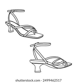 Vorlage Vektor Knöchelriemen High Heel Schuhe, geeignet für Ihre benutzerdefinierte Kätzchen Heels Design. Kontur, Vektordoodle-Illustration, Vorder- und Seitenansicht