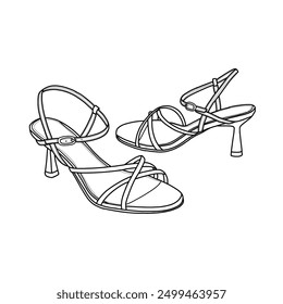 Template vector ankle strap high heel shoes with buckle, suitable for your custom kitten heels design. Outline vector doodle illustration, front, back, and side views