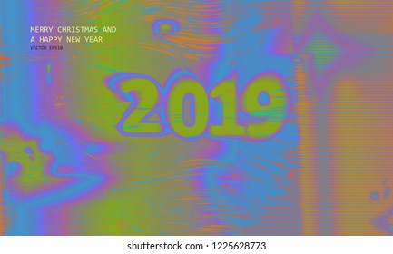 Template of a vector background with holographic neon colors with screen glitch VHS effect.  TV signal fail. Hipster style. 2019.