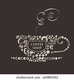 template vector banner for coffee shop with cup of coffee of the words and grains