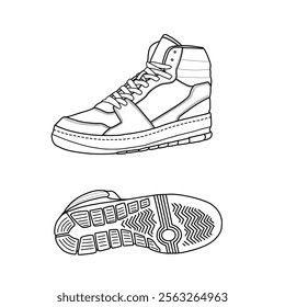 Template vector basketball shoe for men, high-top sneaker for indoor and outdoor. Outline vector doodle illustration, front, side, and bottom view. Isolated on a white background.