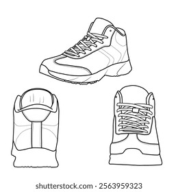 Template vector basketball shoe for men, high-top sneaker athletic. Outline vector doodle illustration, front, side, and back view. Isolated on a white background.