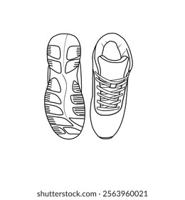 Template vector basketball shoe for men, high-top sneaker athletic. Outline vector doodle illustration, top, front, and bottom view. Isolated on a white background.