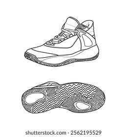 Template vector basketball shoe non-slip for men and women, high-top basketball shoe, suitable for your custom basketball shoes. Outline vector doodle illustration, front, side, and back view.