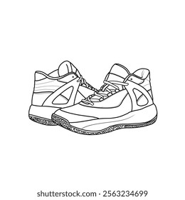 Template vector basketball shoe non-slip for men and women, high-top sneaker, suitable for your custom basketball shoes. Outline vector doodle illustration, front, side, and bottom view. 