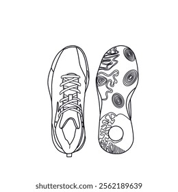 Template vector basketball shoe sneaker non-slip, suitable for your custom basketball shoes, front and bottom view. Outline vector doodle illustration. Isolated with a white background.