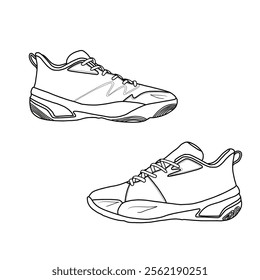 Template vector basketball shoe sneaker non-slip, suitable for your custom basketball shoes. Outline vector doodle illustration, side views. Isolated with a white background.