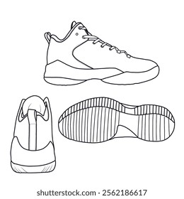 Template vector basketball shoes non-slip, suitable for your custom basketball shoes, side, back, and bottom view. Outline vector doodle illustration. Isolated with a white background.