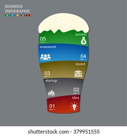 Template for vector beer glass infographic, diagram, graph, presentation, chart. Business startup idea concept with 5 options, parts, steps or processes.