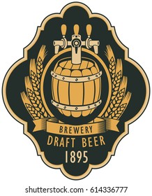template vector beer label with barrel, coat of arms, ears of wheat and ribbon in retro style