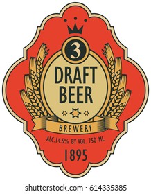 template vector beer label with coat of arms, ears of wheat, ribbon and crown in retro style