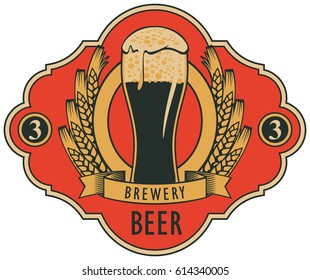 template vector beer label with glass of beer, coat of arms, ears of wheat and ribbon in retro style