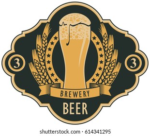 template vector beer label with glass of beer, coat of arms, ears of wheat and ribbon in retro style