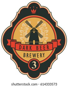 template vector beer label with windmill, laurel wreath, ribbon and crown in retro style