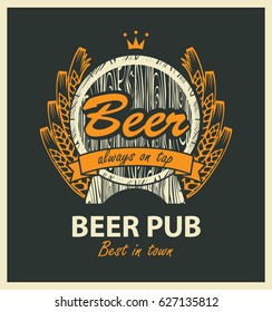 template vector beer pub label with wooden barrel, coat of arms, ears of wheat, ribbon and crown in retro style