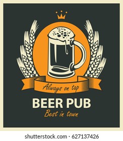 template vector beer pub label with beer glass, coat of arms, ears of wheat, ribbon and crown in retro style