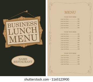Template vector business lunch menu for restaurant with picture frame and price list in retro style