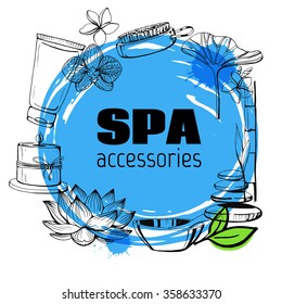 Template vector card. Accessories for SPA procedure. Set of vector hand drawn elements. Natural stones, flowers, candle. Sketch.