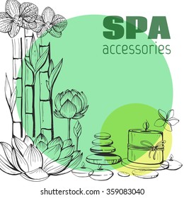 Template vector card. Accessories for SPA procedure. Set of vector hand drawn elements. Natural stones, flowers, candle. Sketch.