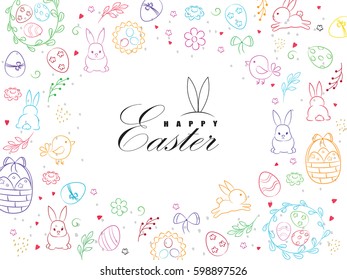 Template vector card with colorful eggs, rabbit and flowers on white background. Happy Easter. Doodles elements