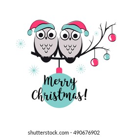 Template vector card with cute owls on a tree branch. Merry Christmas  card with snowflake, balls and text. Happy New year illustration. 