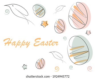 Template Vector card with Easter eggs, Birds, Spiral and Star elements Isolated on White Background. Continuous one line drawing with colored elements. Minimalist Happy Easter Day concept background.