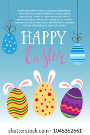 Template vector card with eggs and bunnies. Handwriting inscription Happy Easter. Lettering, calligraphy.  Vector template for banners, flyers and invitation cards