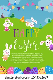 Template vector card with eggs and bunnies. Handwriting inscription Happy Easter. Lettering, calligraphy.  Vector template for banners, flyers and invitation cards