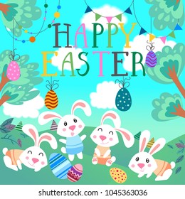 Template vector card with eggs and bunnies. Handwriting inscription Happy Easter. Lettering, calligraphy.  Vector template for banners, flyers and invitation cards