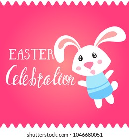 Template vector card with eggs and bunnies. Handwriting inscription Happy Easter. Lettering, calligraphy.  Vector template for banners, flyers and invitation cards