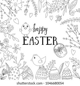 Template vector card with eggs and bunnies. Handwriting inscription Happy Easter. Lettering, calligraphy.  Vector template for banners, flyers and invitation cards
