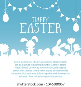 Template vector card with eggs and bunnies. Handwriting inscription Happy Easter. Lettering, calligraphy.  Vector template for banners, flyers and invitation cards