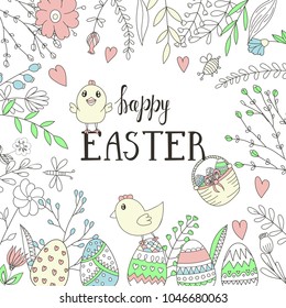 Template vector card with eggs and bunnies. Handwriting inscription Happy Easter. Lettering, calligraphy.  Vector template for banners, flyers and invitation cards
