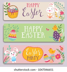 Template vector card with eggs and bunnies. Handwriting inscription Happy Easter. Lettering, calligraphy.  Vector template for banners, flyers and invitation cards