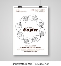 Template vector card with eggs. Handwriting inscription Happy Easter. Background. Lettering, calligraphy. 3D. Doodles hand drawn elements. Flyer holiday backgrounds. - Vector