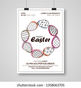 Template vector card with eggs. Handwriting inscription Happy Easter. Background. Lettering, calligraphy. 3D. Doodles hand drawn elements. Flyer holiday backgrounds. - Vector