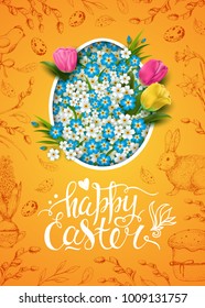 Template vector card with flowers shaped egg. Silhouette of egg with white and blue spring flowers. Handwriting inscription Happy Easter. Bright floral background. Lettering, calligraphy. Tulips. Cut 