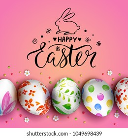 Template vector card with hand drawn elements and realistic decorated 3D eggs. Bunny and flowers. Inscription Happy Easter. Pink background. Doodle sketch.