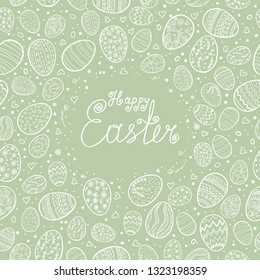 Template vector card with hand drawn eggs on colored background. Hand made inscription "Happy Easter".  Lettering, calligraphy, frame. Doodles hand drawn elements.