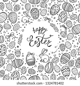 Template vector card with hand drawn eggs on colored background. Hand made inscription "Happy Easter".  Lettering, calligraphy, frame. Doodles hand drawn elements.