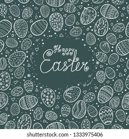 Template vector card with hand drawn eggs on colored background. Hand made inscription "Happy Easter".  Lettering, calligraphy, frame. Doodles hand drawn elements.
