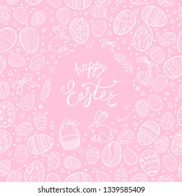 Template vector card with hand drawn eggs on colored background. Hand made inscription "Happy Easter".  Lettering, calligraphy, frame. Doodles hand drawn elements.