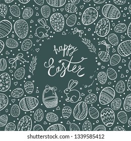 Template vector card with hand drawn eggs on colored background. Hand made inscription "Happy Easter".  Lettering, calligraphy, frame. Doodles hand drawn elements.