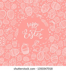 Template vector card with hand drawn eggs on colored background. Hand made inscription "Happy Easter".  Lettering, calligraphy, frame. Doodles hand drawn elements.